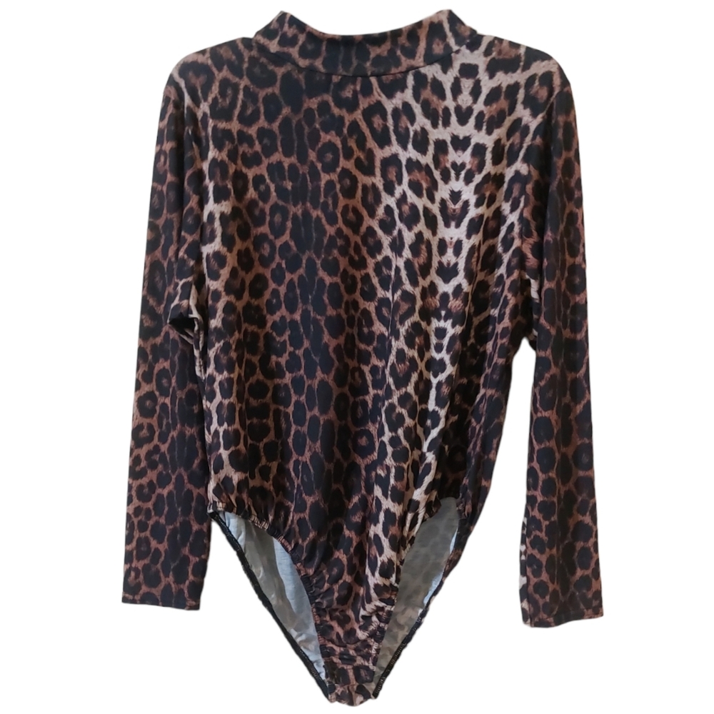 Boohoo Plus Size 18 Leopard Animal Print High Neck Long Sleeve Bodysuit